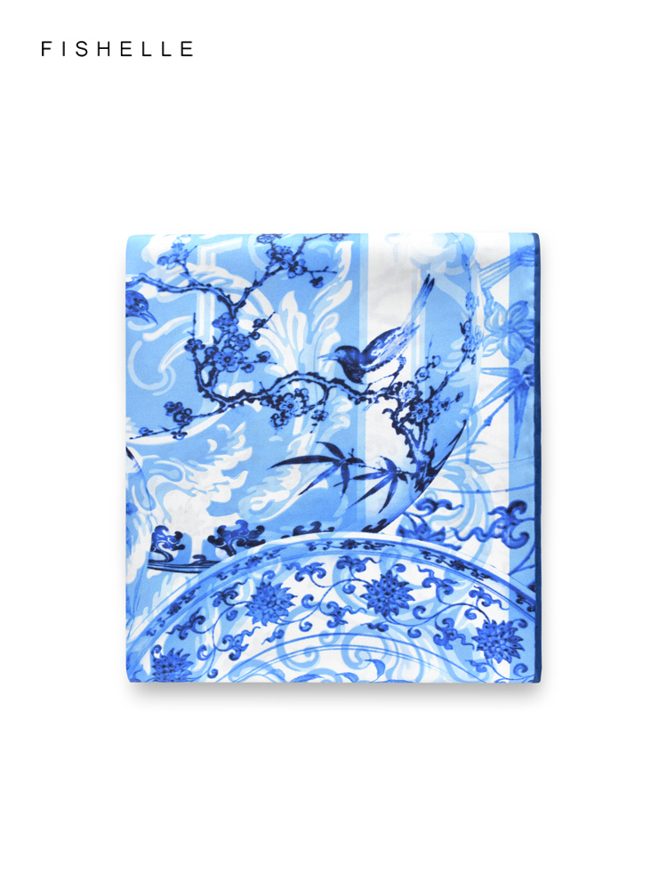 Silk Scarf Square - Blue flowers birds 100% natural silk
